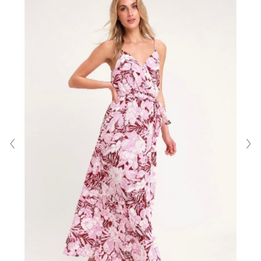 Lulu’s pink floral adjustable spaghetti strap lined maxi dress Size L